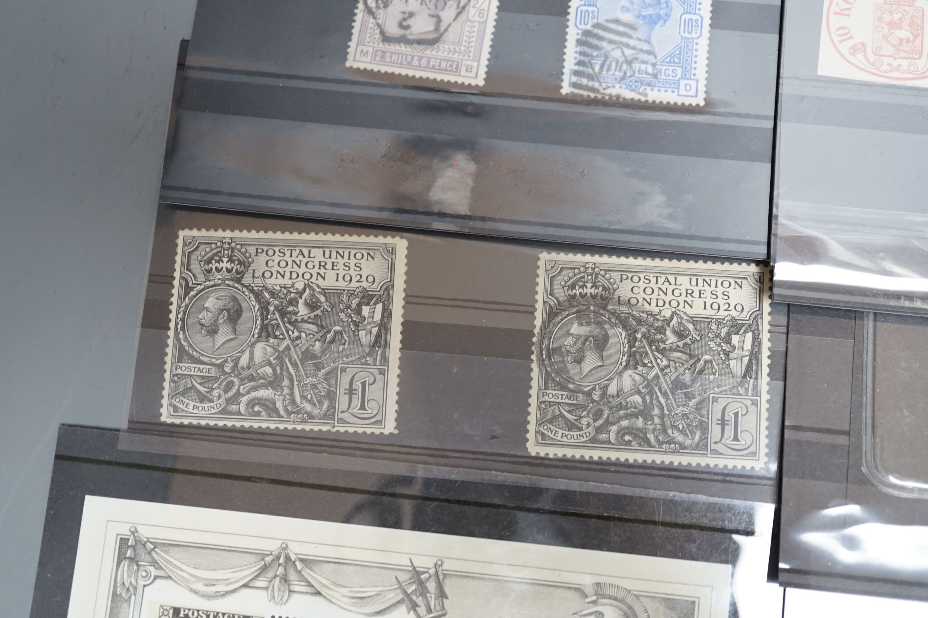 A small group of stamps - GB 1840 1d black used, 1885 2sh.6d. 10sh. used, 1929 Puc £1 mint and £1 used and various